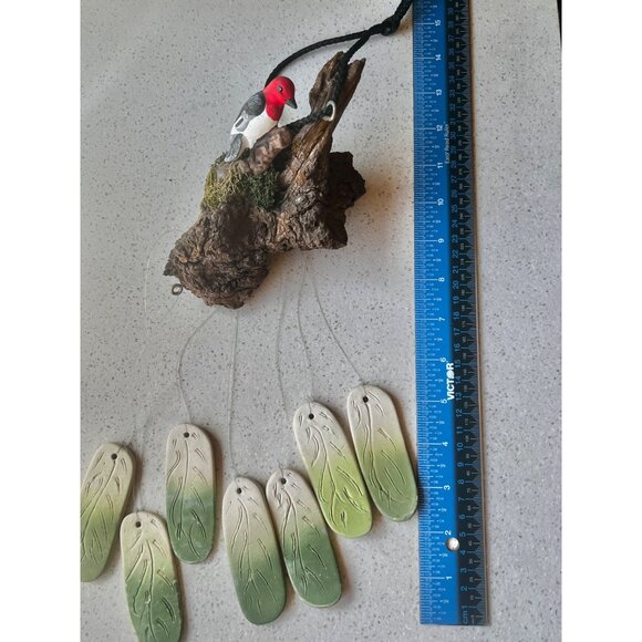 Handcrafted Loon Bird Sculpture Wind Chime With Ceramic Leaves & Natural Driftwo - Picture 14 of 16
